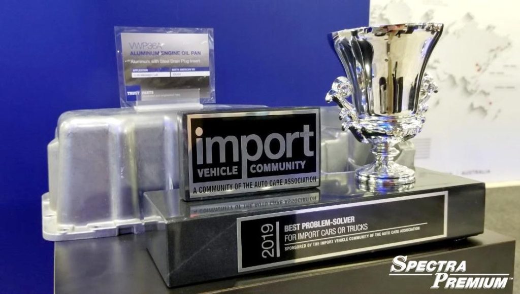 The Auto Care Association presented an Import Product Award for the Best Problem Solver in the Import Cars or Trucks Category to Spectra Premium at AAPEX 2019 in Las Vegas for its VW/Audi oil pan.