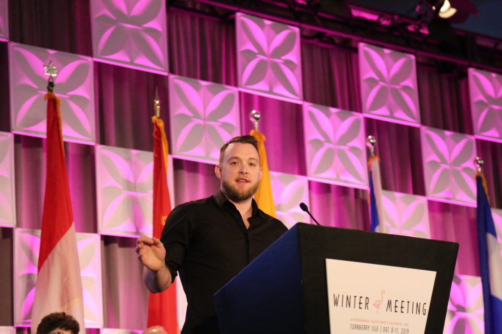 Central Auto Parts Vice President of Marketing Matt Scrivens presented to shareholder attendees during the Aftermarket Auto Parts Alliance's 2019 Winter Shareholder Meeting on Dec. 9, 2019, in Aventura, Fla.