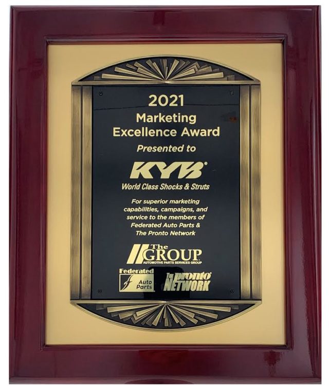 KYB was recently recognized by the Automotive Parts Services Group as their Marketing Excellence Vendor of the Year. 
