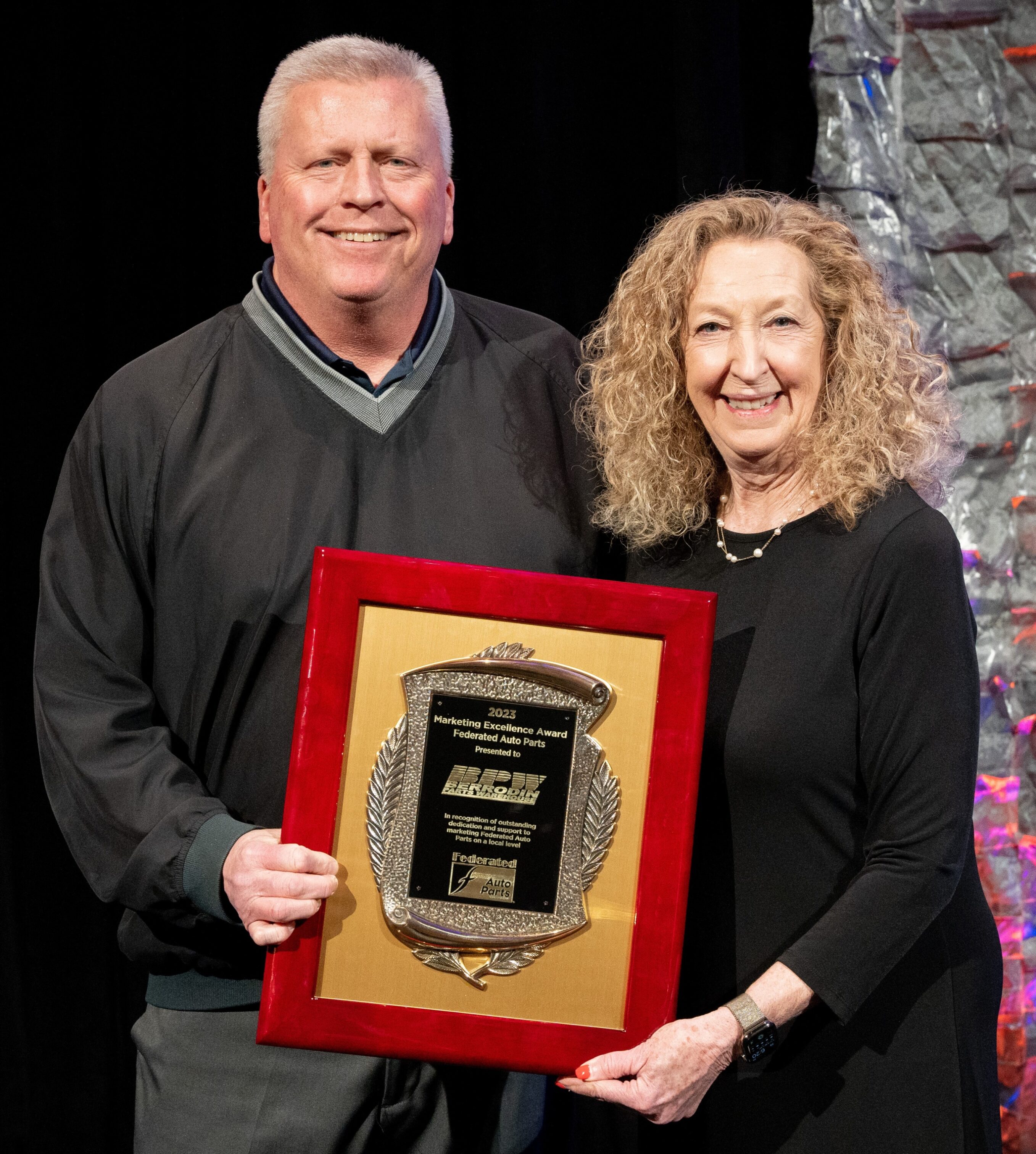 John Berrodin of Berrodin Parts Warehouse was among those presented with awards by Sue Godschalk, president of Federated Auto Parts.