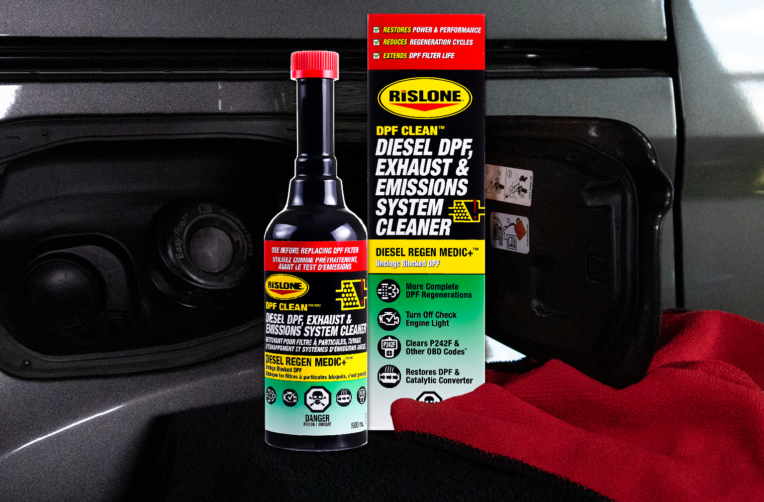New Rislone DPF Clean Diesel DPF, Exhaust & Emissions System Cleaner cleans the fuel, exhaust, and emissions systems of diesel vehicles to restore power and performance, reduce regeneration cycles, extend diesel particulate filter (DPF) life, save fuel, and turn off check engine lights. 