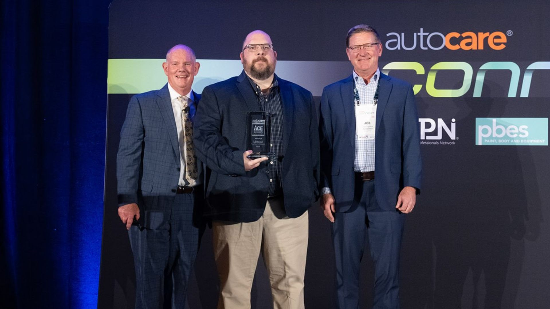 Mevotech was presented with five awards at Auto Care Connect aftermarket event in Phoenix, Ariz. Left to right: Bill Hanvey, President and CEO, Auto Care Association; Don Farrow, Manager, Catalogue and Digital Assets, Mevotech; Joe Bergsieker, Vice President Sales-Program Groups, TERREPOWER, and Chair of the Education Committee, Auto Care Association.